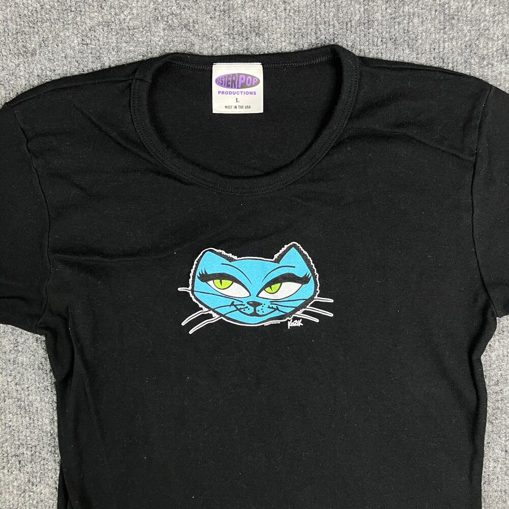 Poster‎ Pop T-Shirt Womens Large Black Blue Cat Graphic Tee  Vintage